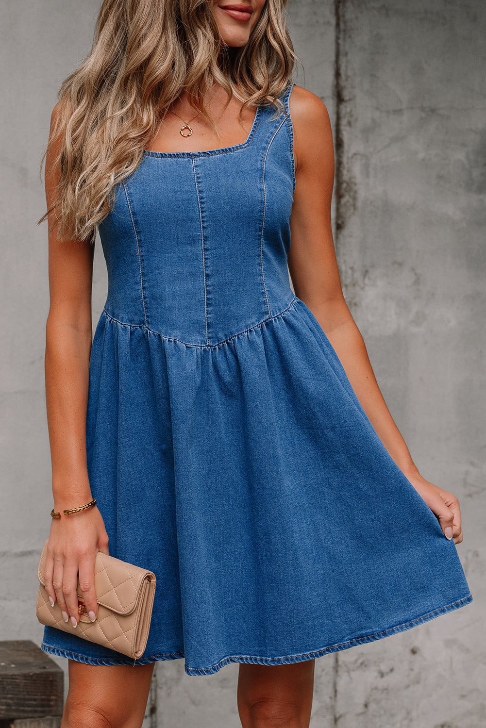 Sail Blue Square Neck Bowknot A-line Sleeveless Denim Dress JT's Designer Fashion