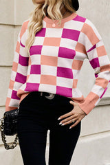 Pink Checkered Ribbed Edge O Neck Drop Shoulder Sweater Sweaters JT's Designer Fashion