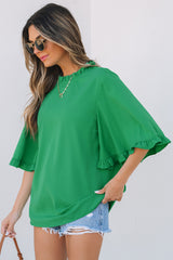 Green Frilly Round Neck Wide Half Sleeve Blouse Blouses & Shirts JT's Designer Fashion