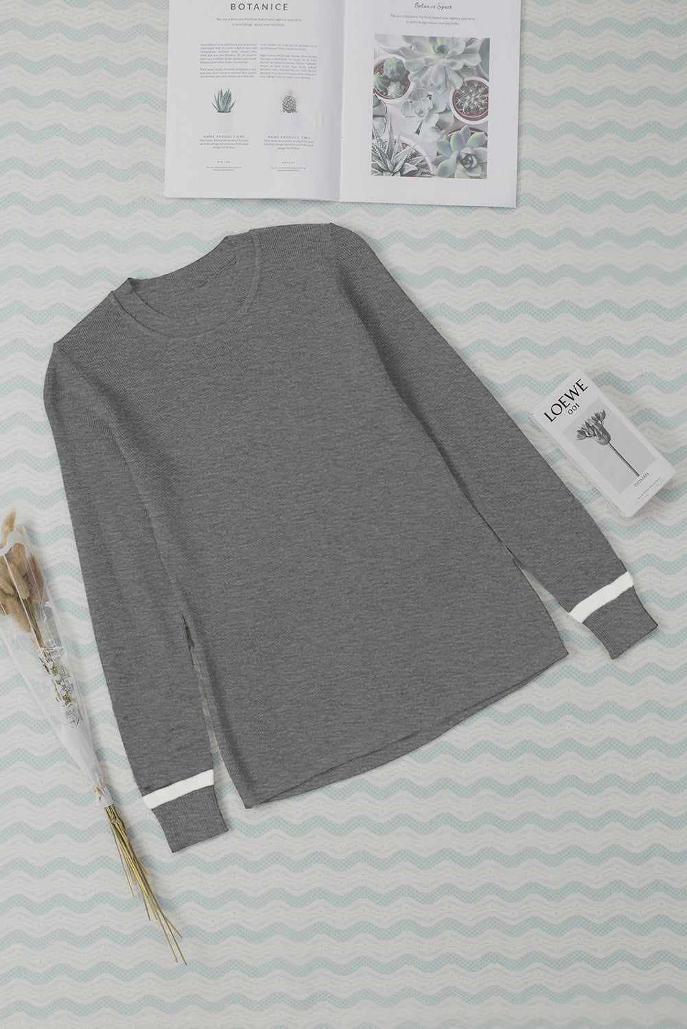 Medium Grey Ribbed Trim Crew Neck Long Sleeve Sweater Sweaters & Cardigans JT's Designer Fashion
