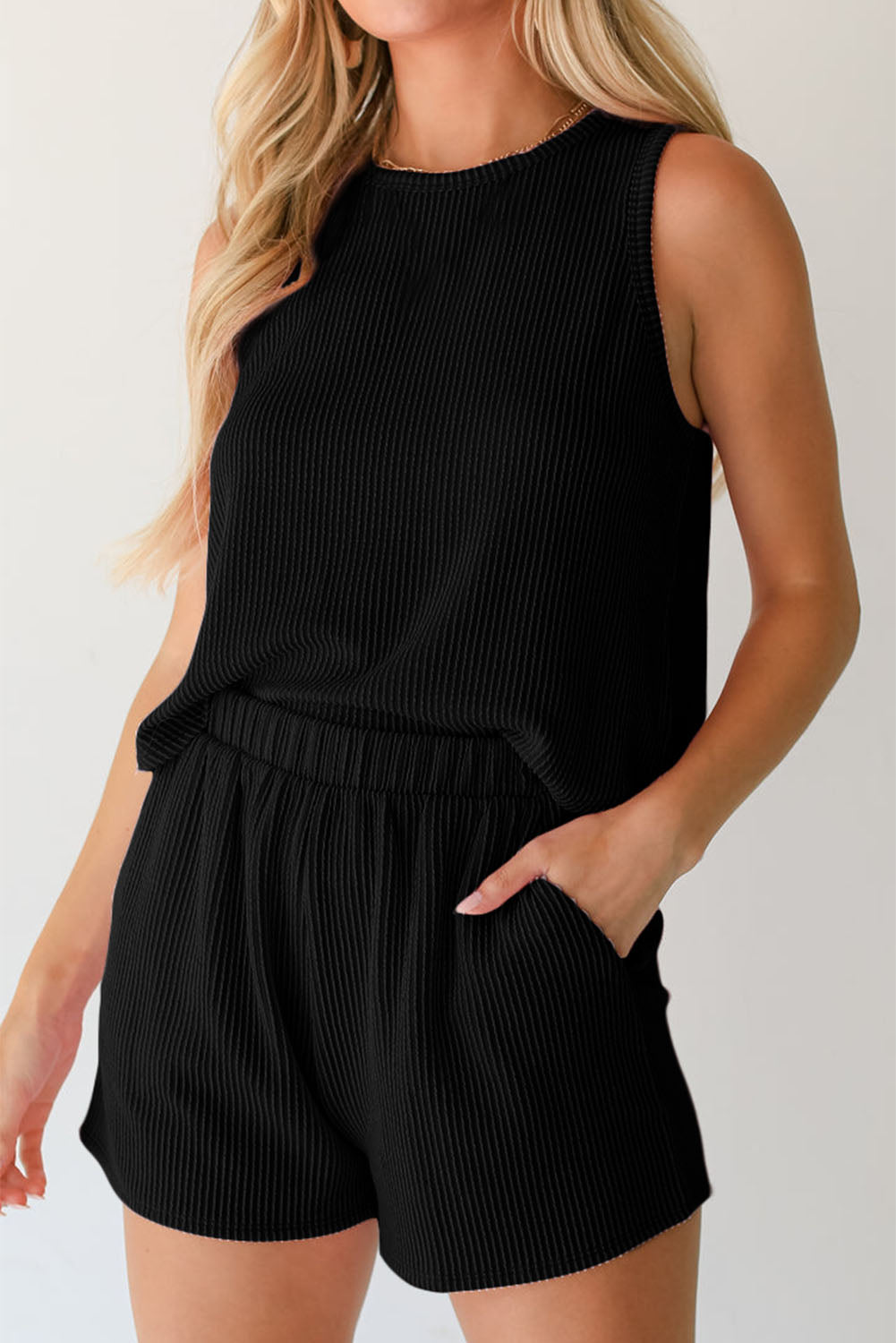 Black Corded Sleeveless Top and Pocketed Shorts Set Short Sets JT's Designer Fashion