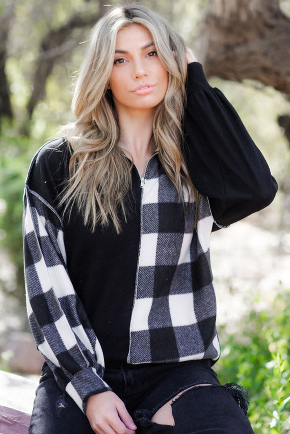 Black Checkboard Patchwork Exposed Stitching Collared Top Long Sleeve Tops JT's Designer Fashion