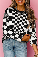 Black Checkered Print Drop Shoulder Round Neck Sweater Black 50%Viscose+28%Polyester+22%Polyamide Sweaters JT's Designer Fashion