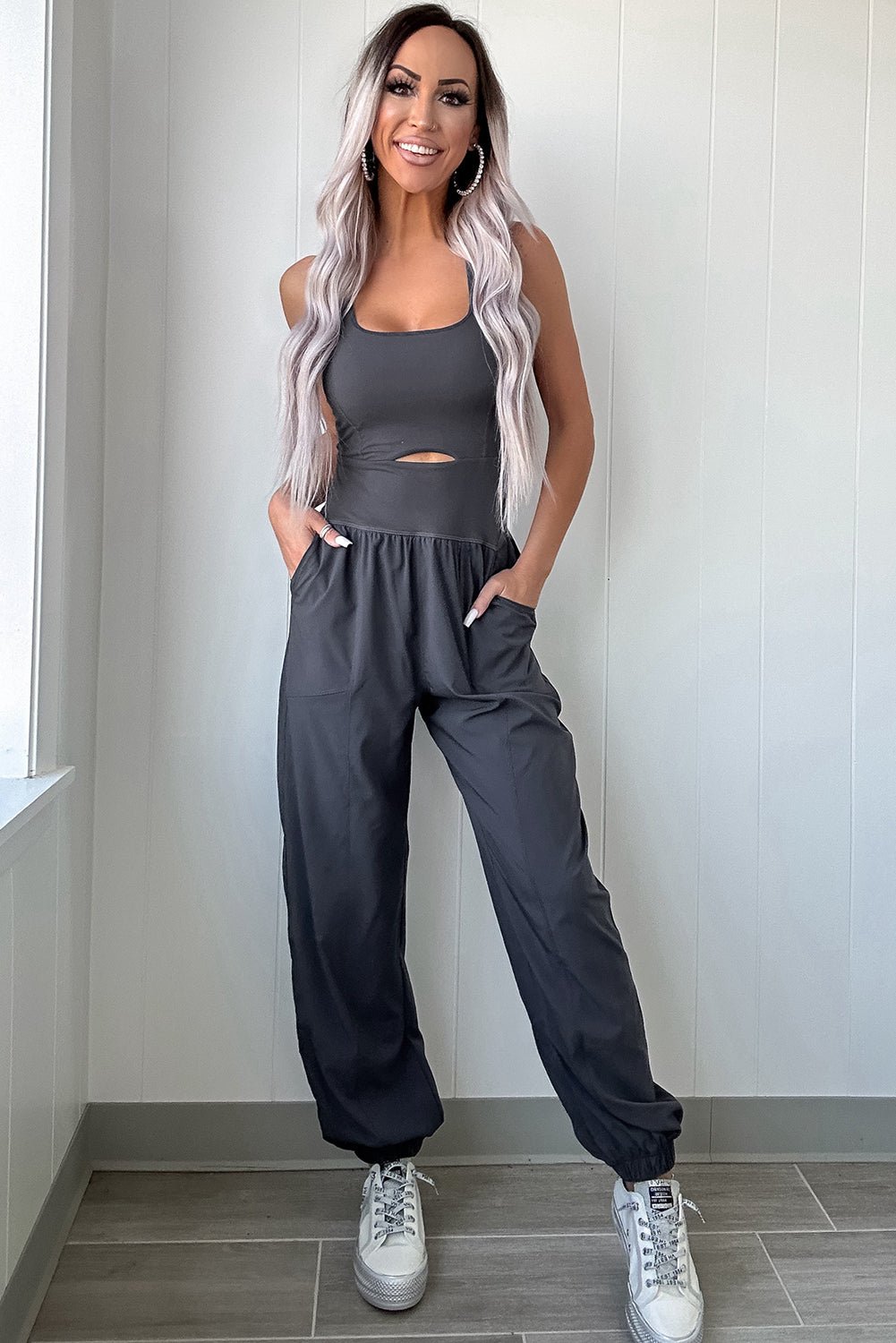 Carbon Grey Back Crossed Straps Hollow Out Jogger Jumpsuit Jumpsuits & Rompers JT's Designer Fashion