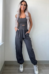 Carbon Grey Back Crossed Straps Hollow Out Jogger Jumpsuit Jumpsuits & Rompers JT's Designer Fashion