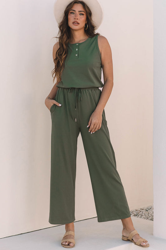 Vineyard Green Buttoned Drawstring Waist Sleeveless Wide Leg Jumpsuit Jumpsuits & Rompers JT's Designer Fashion