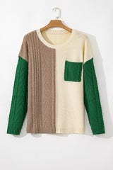 Mist Green Plus Size Cable Knit Color Block Drop Shoulder Sweater Plus Size Sweaters & Cardigans JT's Designer Fashion