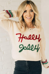 Beige Tinsel Holly Jolly Graphic Classic Sweater Sweaters JT's Designer Fashion