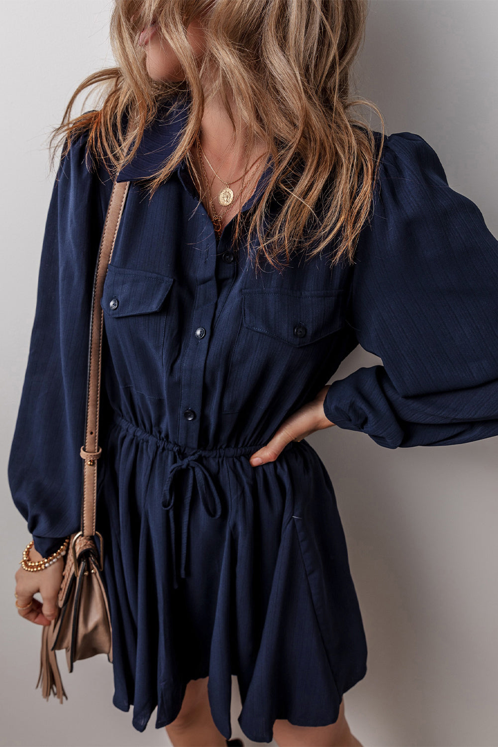 Navy Blue Solid Chest Pockets Tunic Shirt Mini Dress Mini Dresses JT's Designer Fashion