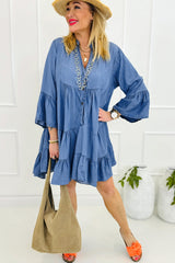 Sky Blue Chambray Ruffled 3/4 Sleeve Tiered Split V Neck Mini Dress Mini Dresses JT's Designer Fashion