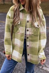 Sage Green Plaid Print Buttoned Flap Pockets Baggy Shacket Sage Green 100%Polyester Plaid Shackets JT's Designer Fashion