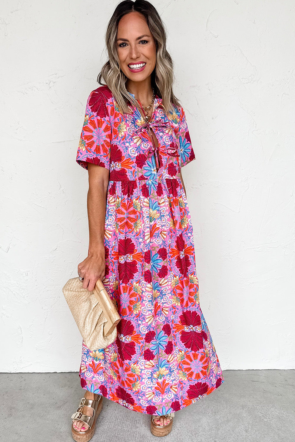 Rose Floral Print Tie High Waist Short Sleeve Loose Long Dress Dresses JT's Designer Fashion