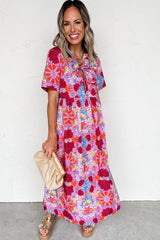 Rose Floral Print Tie High Waist Short Sleeve Loose Long Dress Dresses JT's Designer Fashion