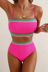 Rose Red Contrast Banding Tube Bikini High Waist 2pcs Swimsuit High Waisted Swimsuit JT's Designer Fashion