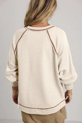 Beige Exposed Seam Textured Knit V Neck Pullover Top Long Sleeve Tops JT's Designer Fashion