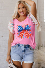 Bonbon Independence Celebration Bowknot Graphic Ruffled Sleeve Ribbed Summer Top Graphic Tees JT's Designer Fashion