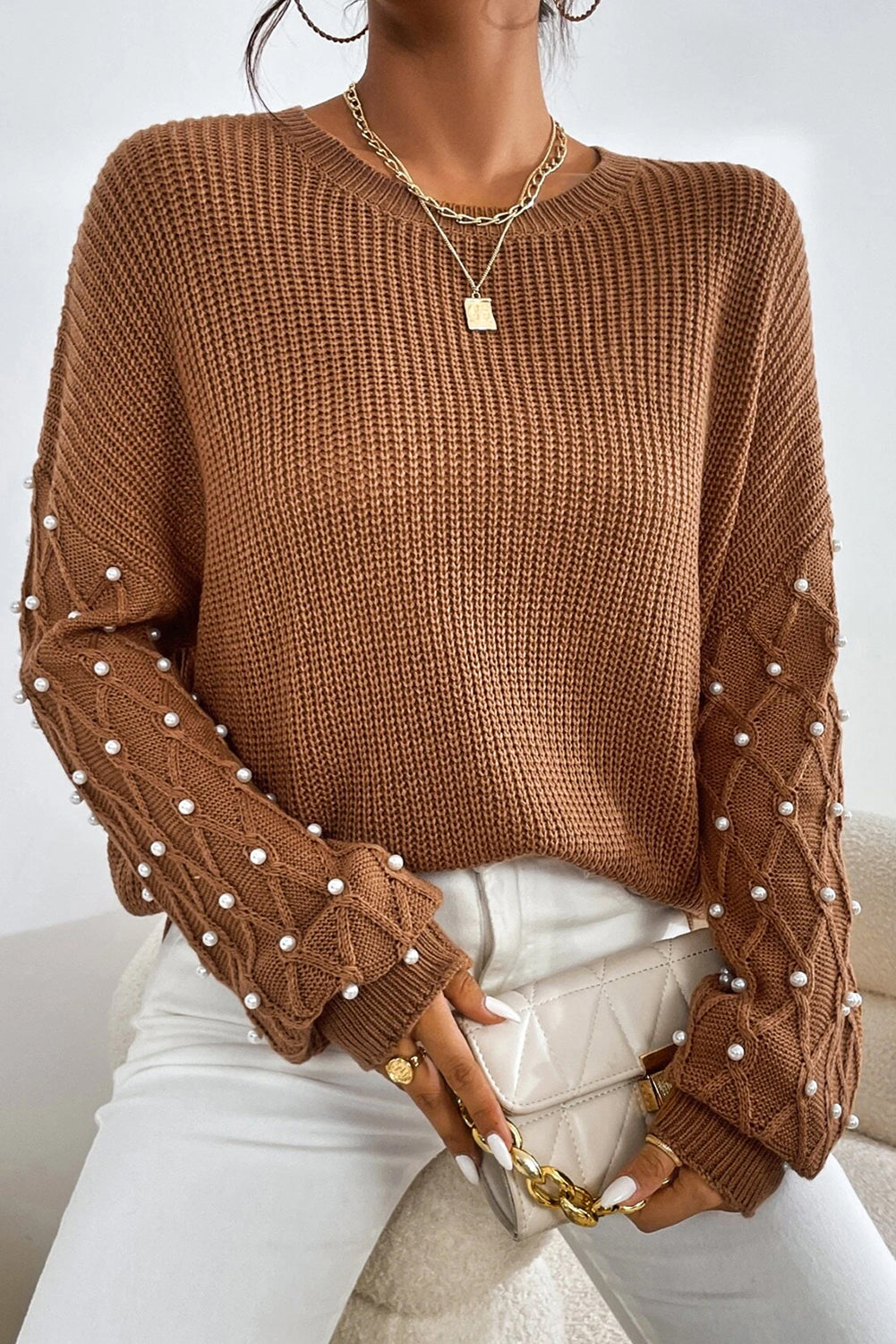 Chestnut Beaded Drop Shoulder Round Neck Sweater Chestnut 55%Acrylic+45%Cotton Sweaters JT's Designer Fashion
