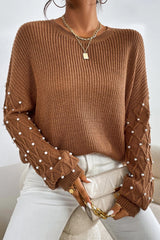 Chestnut Beaded Drop Shoulder Round Neck Sweater Chestnut 55%Acrylic+45%Cotton Sweaters JT's Designer Fashion