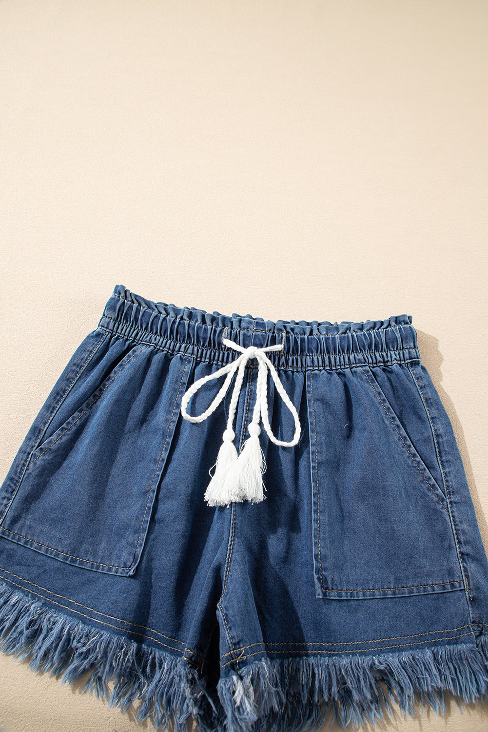 Ashleigh Blue Raw Hem Drawstring High Waist Denim Shorts with Pockets Denim Shorts JT's Designer Fashion