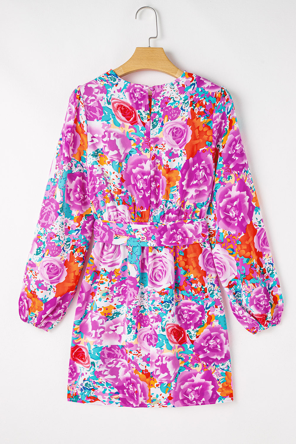 Purple Floral Keyhole Back Long Sleeve Belted Dress Floral Dresses JT's Designer Fashion