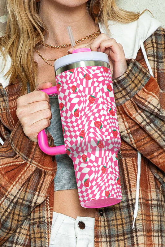 Rose Red Strawberry Checkered Print Handled Tumbler 40oz Tumblers JT's Designer Fashion