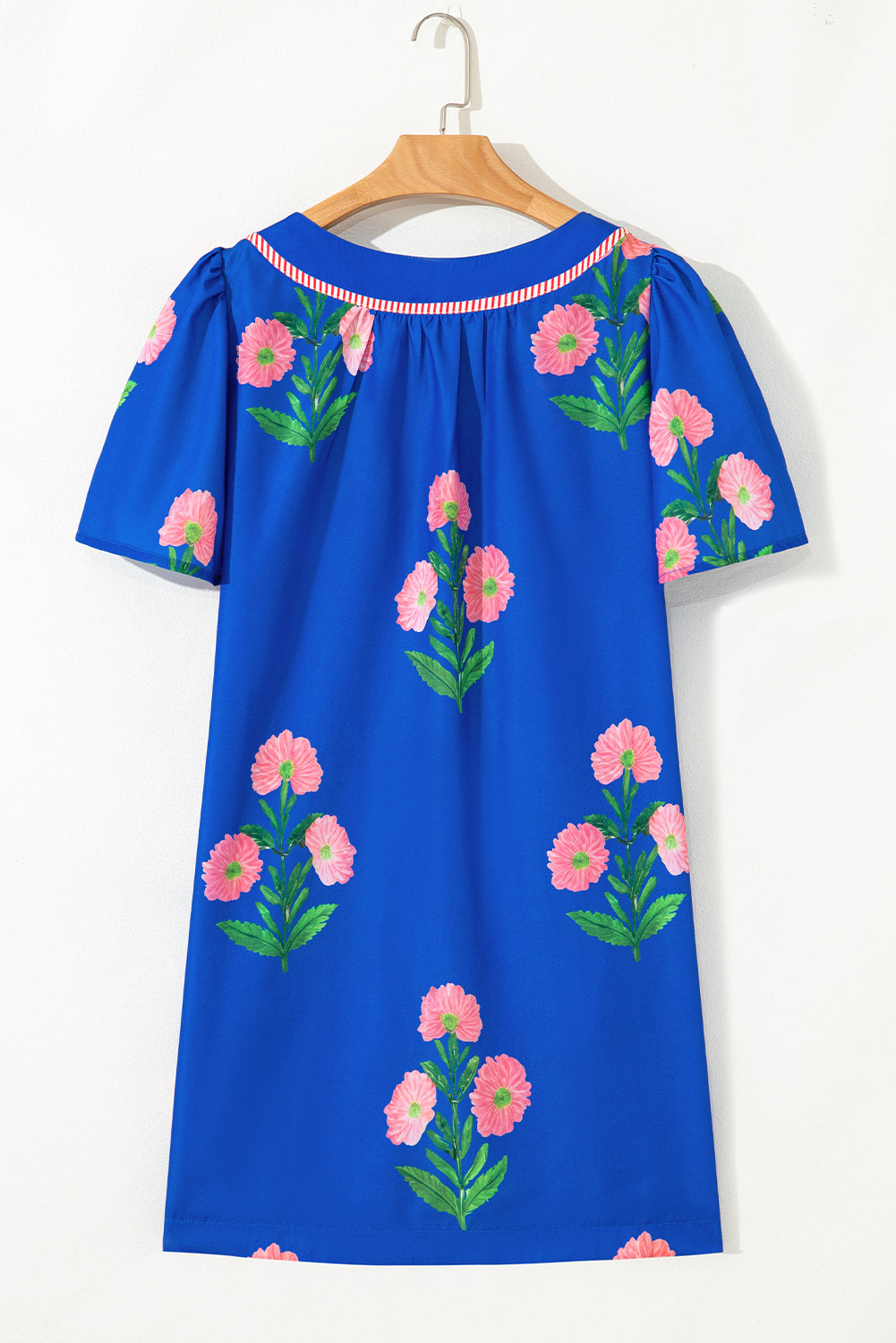 Blue Floral Short Sleeve Split Neck Loose Mini Dress Floral Dresses JT's Designer Fashion