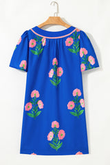 Blue Floral Short Sleeve Split Neck Loose Mini Dress Floral Dresses JT's Designer Fashion