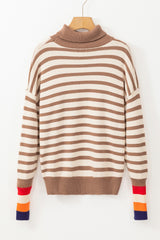 Brown Stripe Colorblock Bishop Sleeve Turtleneck Sweater Sweaters JT's Designer Fashion