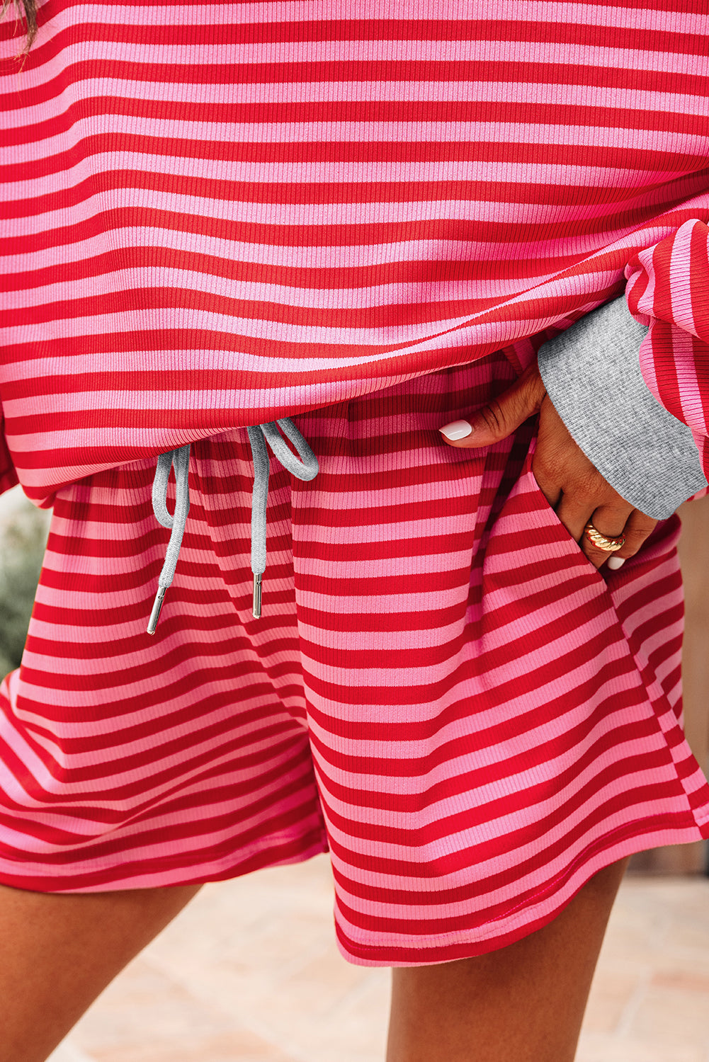 Red Stripe Drop Shoulder Baggy Pullover and Shorts Casual Set Short Sets JT's Designer Fashion