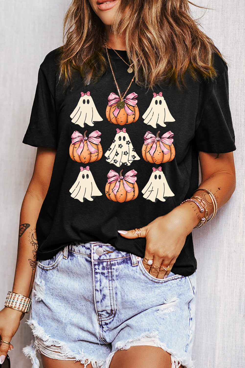 Black Bowknot Ghost Pumpkin Graphic Halloween T Shirt Graphic Tees JT's Designer Fashion