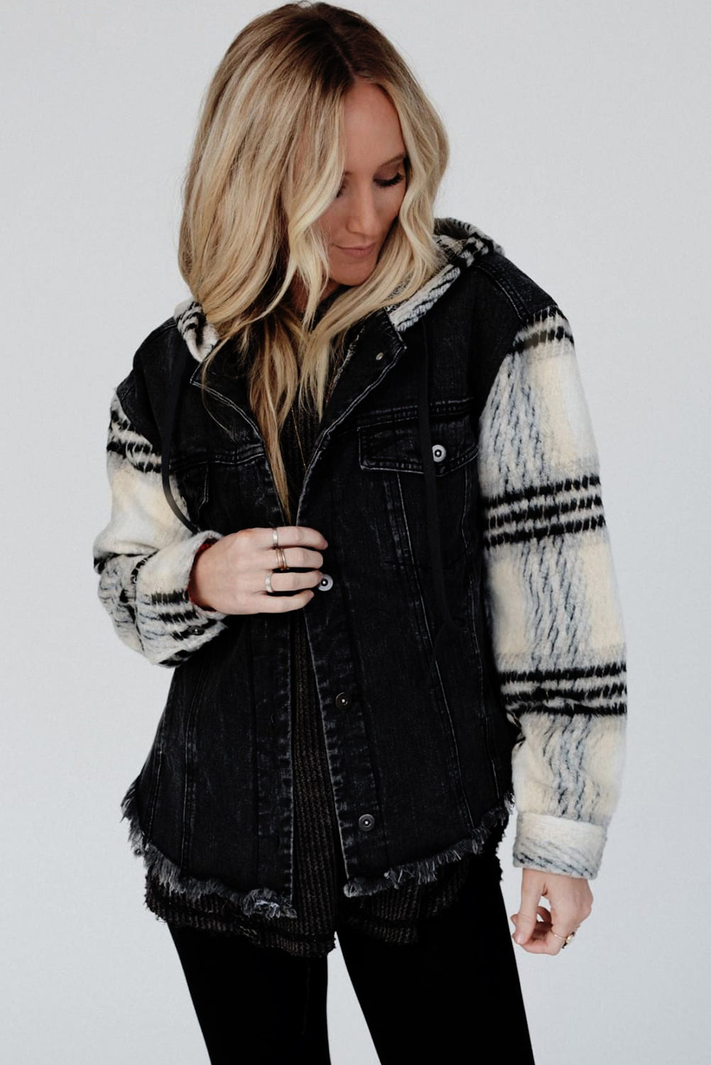 Black Plaid Sleeve Frayed Hem Hooded Denim Jacket Denim Jackets JT's Designer Fashion
