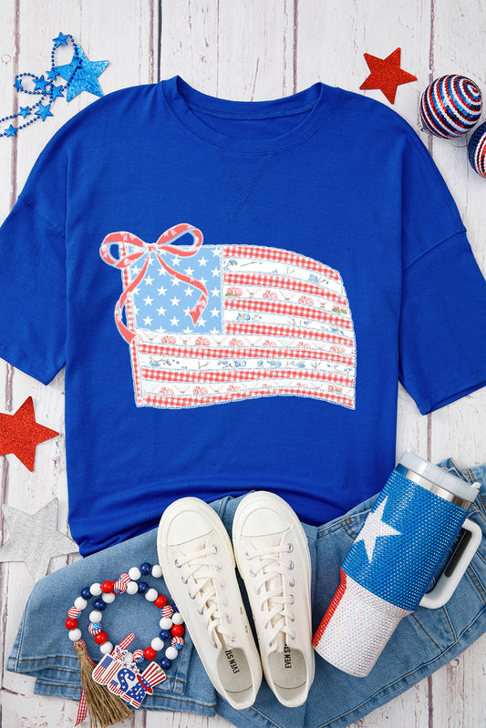 Dark Blue Bowknot Floral American Flag Print Side Slit 4th July T Shirt Graphic Tees JT's Designer Fashion