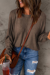 Brown Fiery Solid Color Patchwork Long Sleeve Top Long Sleeve Tops JT's Designer Fashion