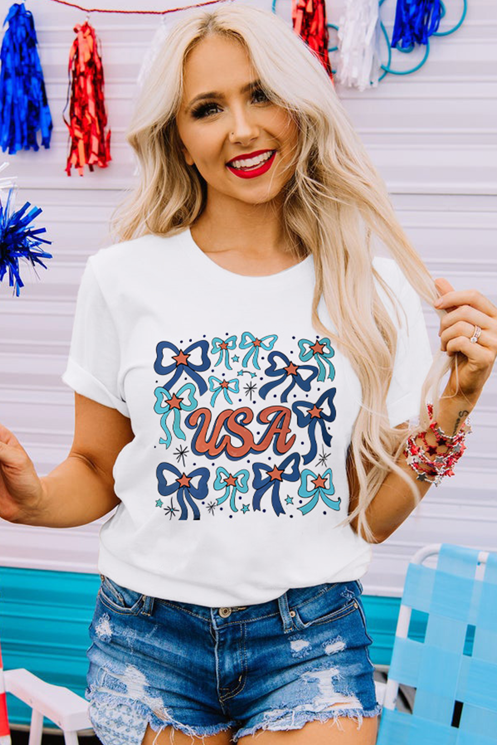 White USA Bowknot Graphic Tee Graphic Tees JT's Designer Fashion