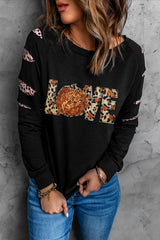 Black LOVE Sequin Pumpkin Leopard Print Cut Out Sleeve Sweatshirt Graphic Sweatshirts JT's Designer Fashion