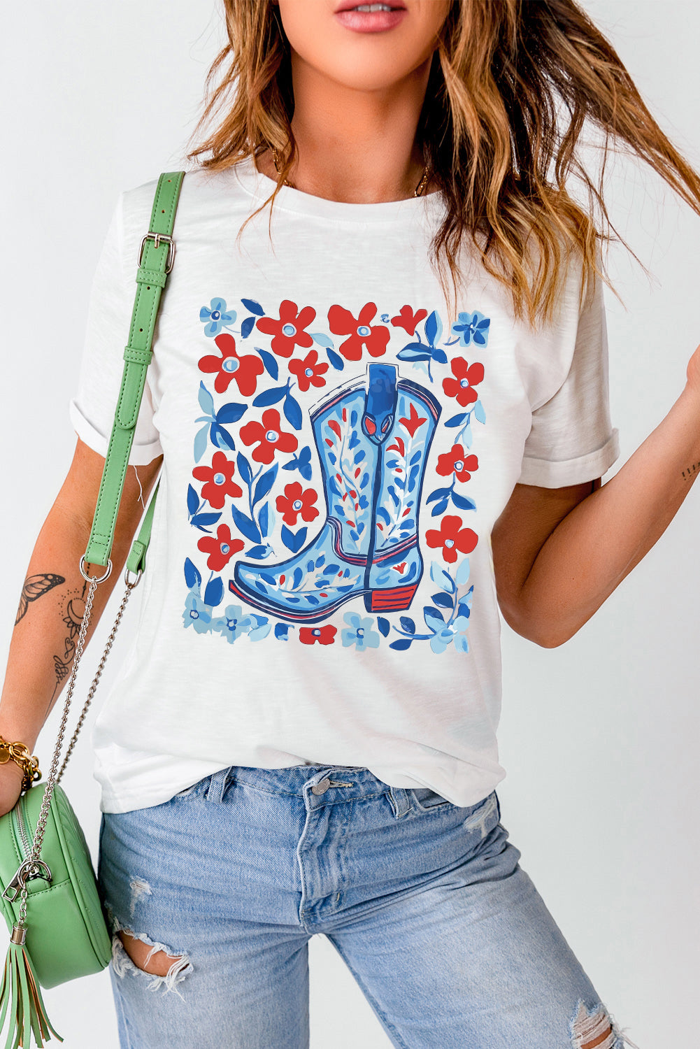 White Floral Western Boots Printed Cotton Blend T Shirt Graphic Tees JT's Designer Fashion