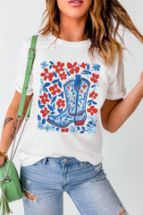 White Floral Western Boots Printed Cotton Blend T Shirt Graphic Tees JT's Designer Fashion