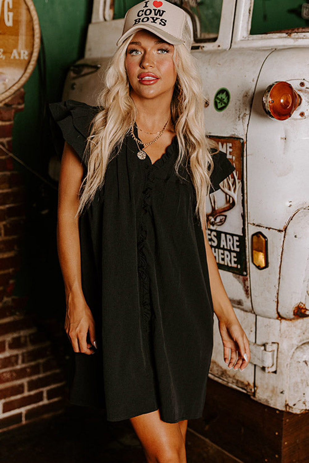 Black Ruffle Sleeve V Neck Frilled Shift Dress Mini Dresses JT's Designer Fashion