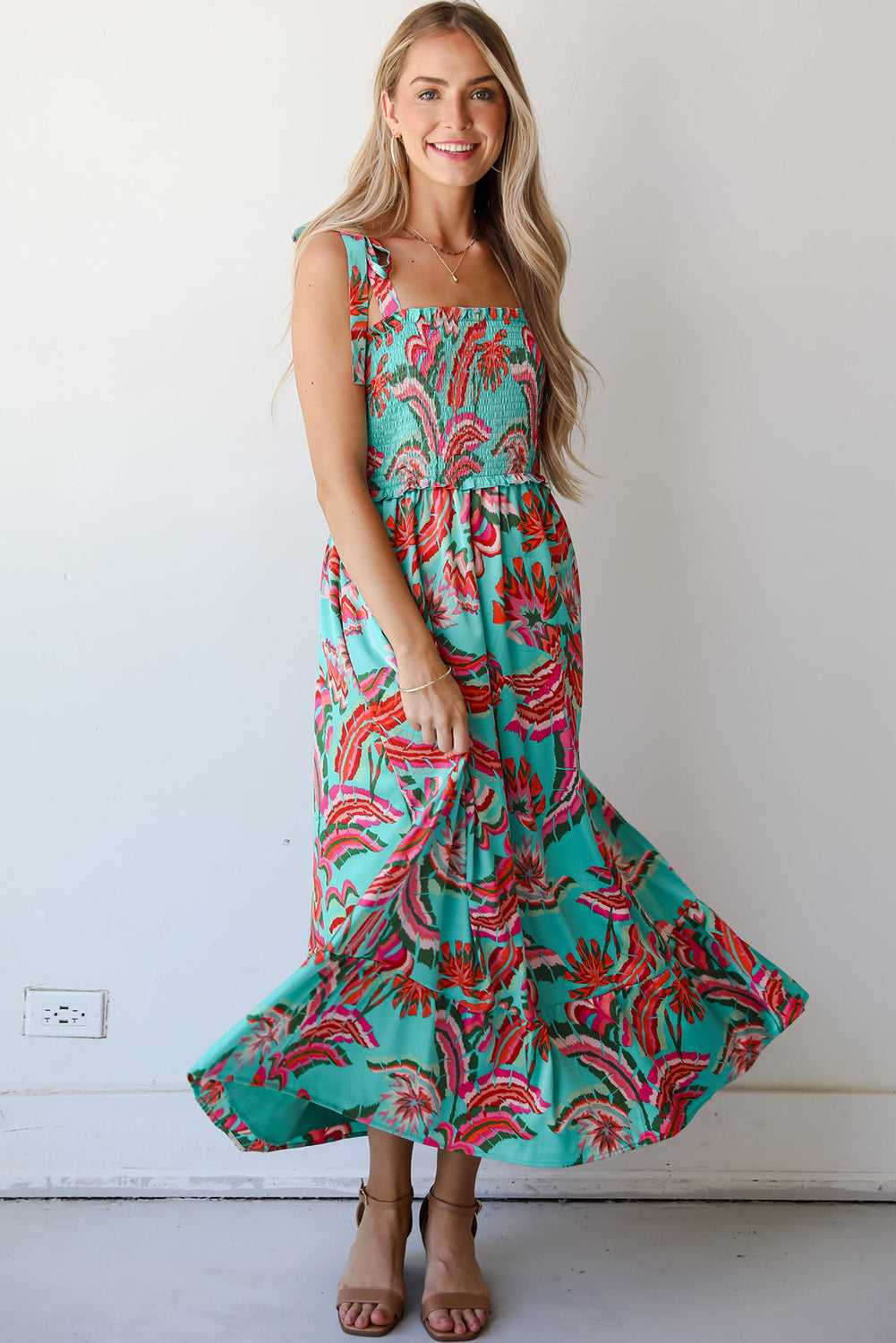Green Abstract Print Smocked Bodice Knotted Straps Ruffled Long Dress Maxi Dresses JT's Designer Fashion