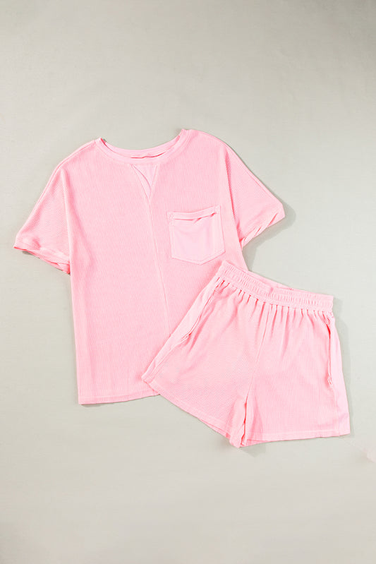 Light Pink Waffle Knit Oversize Tee and Shorts Set Short Sets JT's Designer Fashion