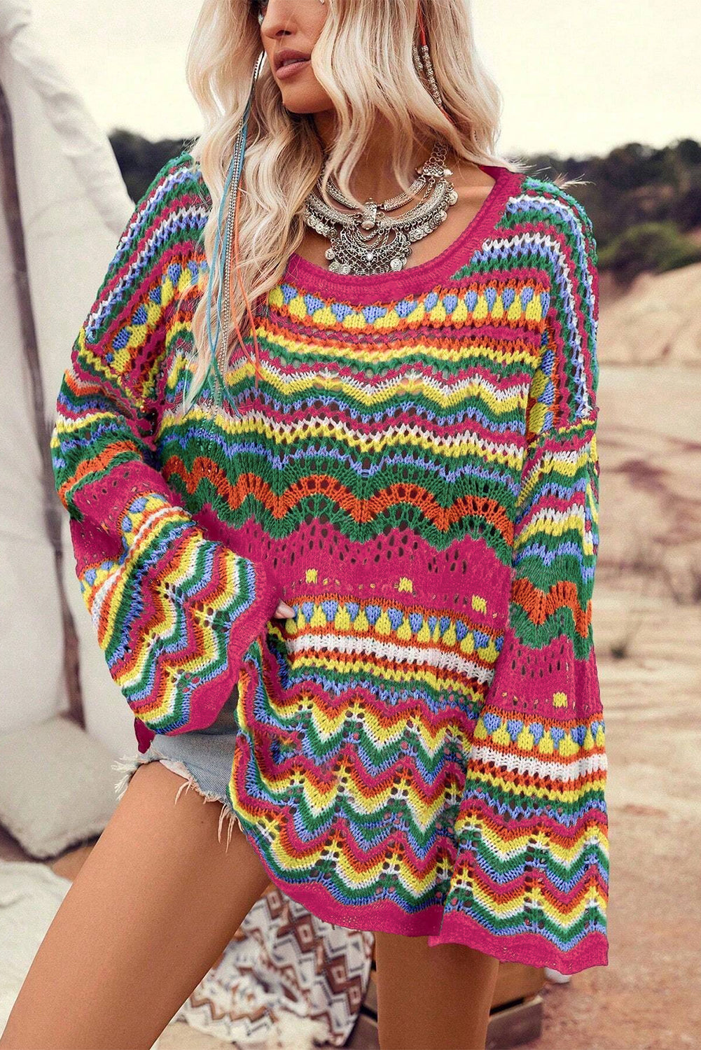 Rose Red Colorblock Striped Hollowed Knit Loose Sleeve Sweater Rose Red 55%Acrylic+45%Cotton Sweaters JT's Designer Fashion