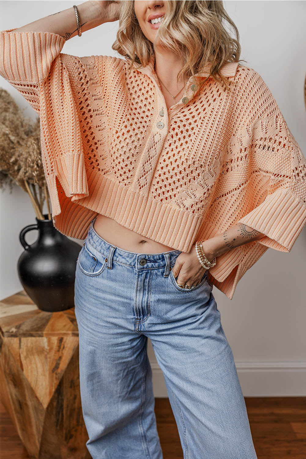 Apricot Pink Hollowed Knit 3/4 Dolman Sleeve Buttoned Collared Sweater Cardigans JT's Designer Fashion