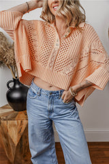 Apricot Pink Hollowed Knit 3/4 Dolman Sleeve Buttoned Collared Sweater Cardigans JT's Designer Fashion