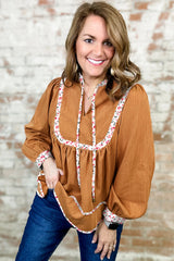 Straw Yellow Split Neck Pleated Floral Trim Long Puff Sleeve Blouse Blouses & Shirts JT's Designer Fashion