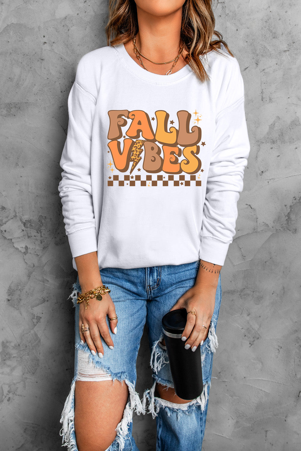 Beige FALL VIBES Graphic Drop Shoulder Sweatshirt Graphic Sweatshirts JT's Designer Fashion