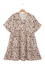Beige Printed Surplice V Neck Cuffed Sleeve Empire Waist Plus Size Dress Plus Size Mini Dresses JT's Designer Fashion