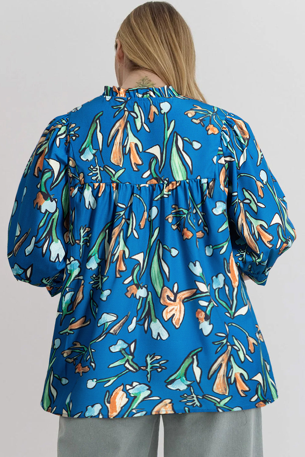 Blue Floral Notched V Neck Half Sleeve Plus Size Blouse Plus Size Blouses & Shirts JT's Designer Fashion
