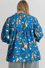 Blue Floral Notched V Neck Half Sleeve Plus Size Blouse Plus Size Blouses & Shirts JT's Designer Fashion