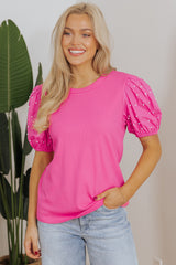 Bright Pink Ribbed Pearl Beaded Puff Sleeve Top Blouses & Shirts JT's Designer Fashion