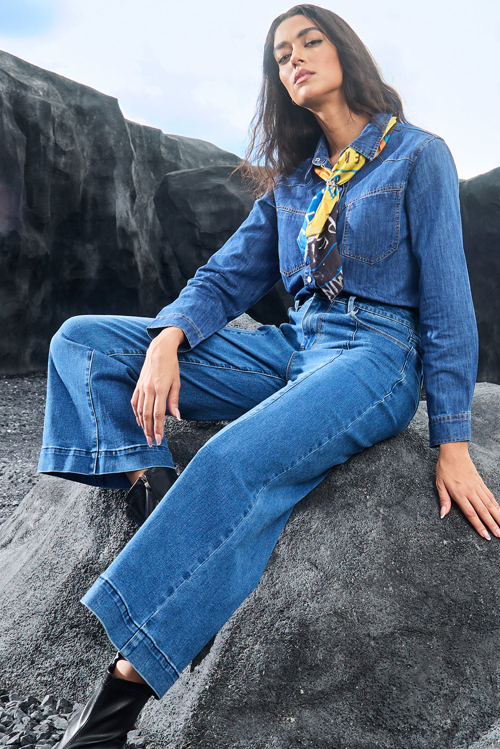 Dark Blue Plain Seam Detail Flared Bottom Ankle Length Jeans Jeans JT's Designer Fashion